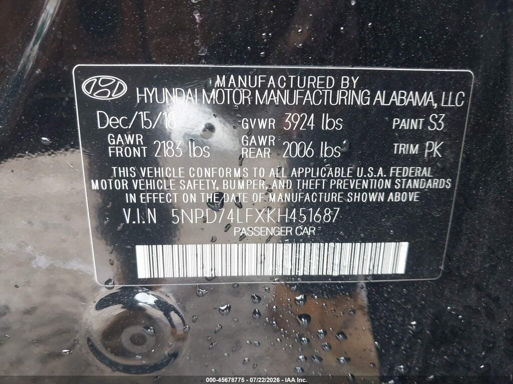 5NPD74LFXKH451687 2019 HYUNDAI ELANTRA photo no. 9