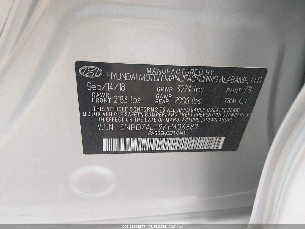 5NPD74LF9KH406689 2019 HYUNDAI ELANTRA photo no. 9