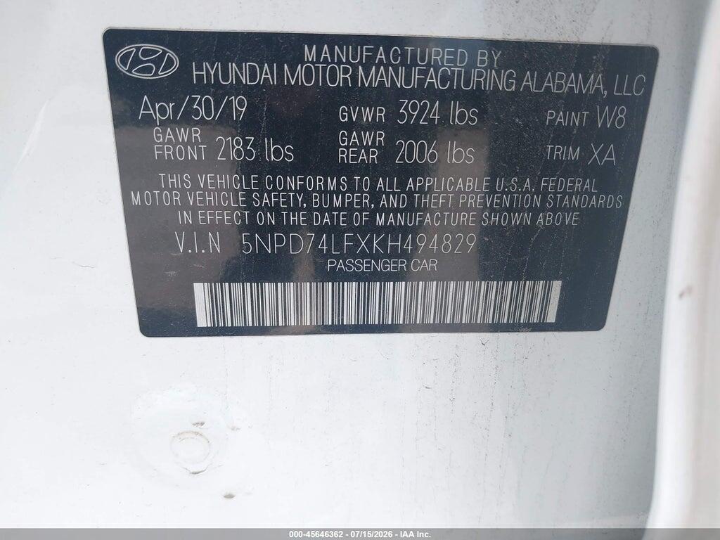 5NPD74LFXKH494829 2019 HYUNDAI ELANTRA photo no. 9