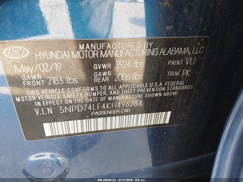 5NPD74LF4KH496284 2019 HYUNDAI ELANTRA photo no. 9