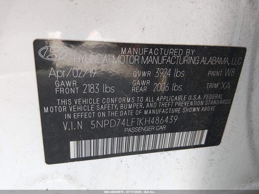 5NPD74LF1KH486439 2019 HYUNDAI ELANTRA photo no. 9