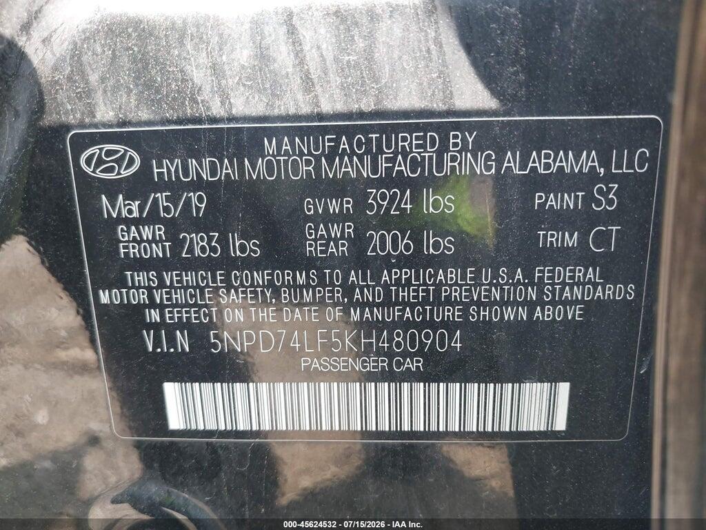 5NPD74LF5KH480904 2019 HYUNDAI ELANTRA photo no. 9