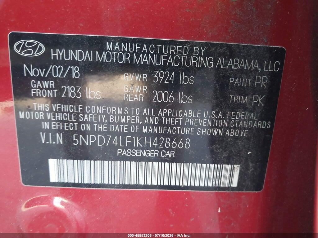 5NPD74LF1KH428668 2019 HYUNDAI ELANTRA photo no. 9