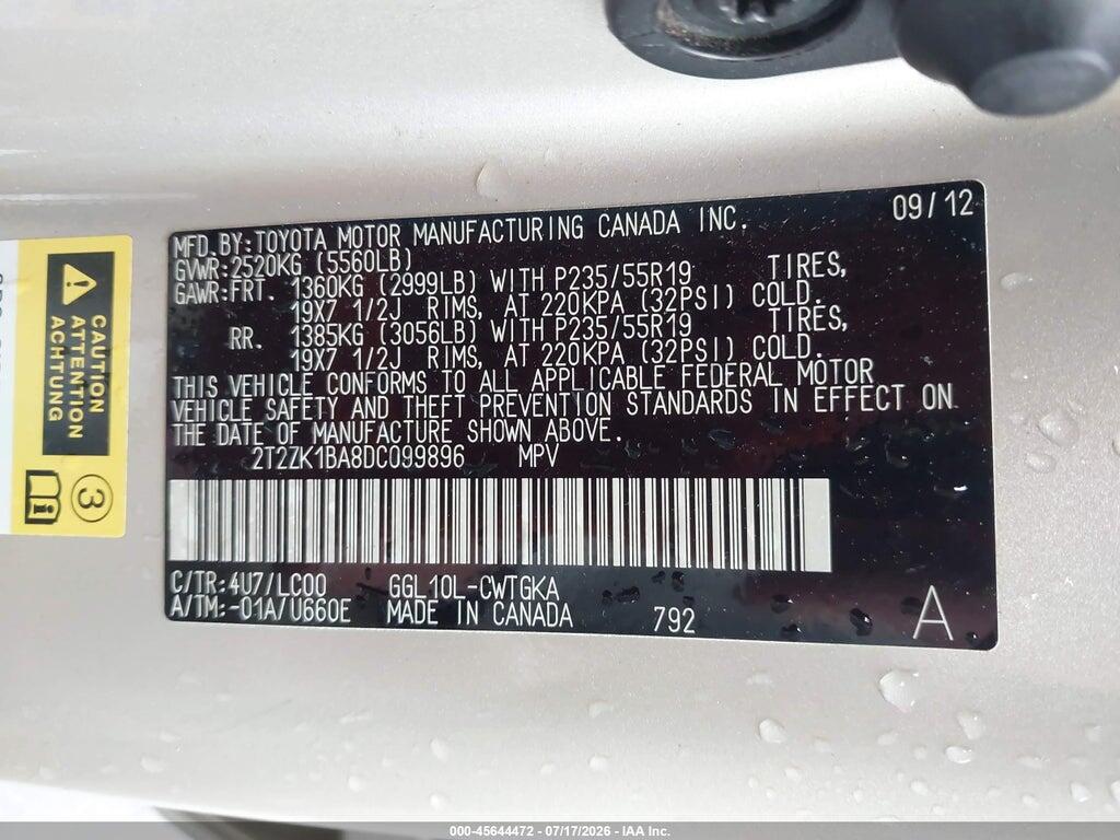 2T2ZK1BA8DC099896 2013 LEXUS RX 350 photo no. 9