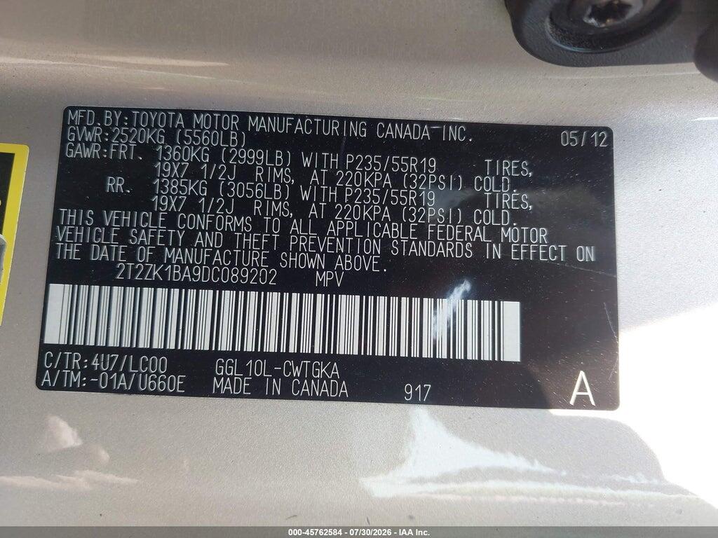 2T2ZK1BA9DC089202 2013 LEXUS RX 350 photo no. 9