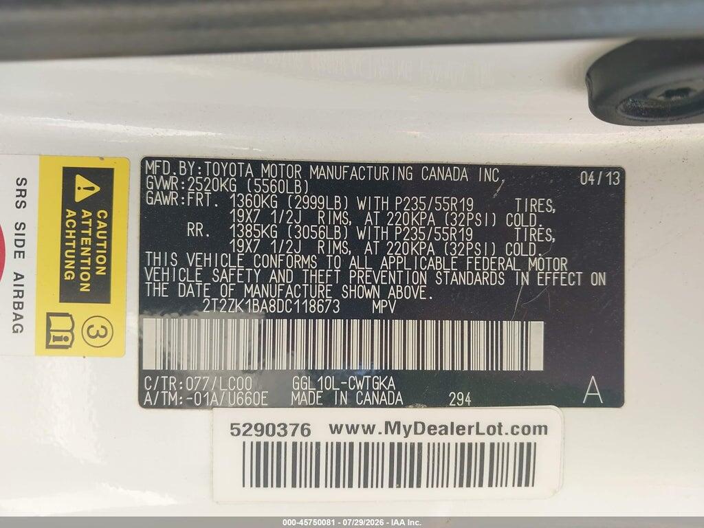 2T2ZK1BA8DC118673 2013 LEXUS RX 350 photo no. 9
