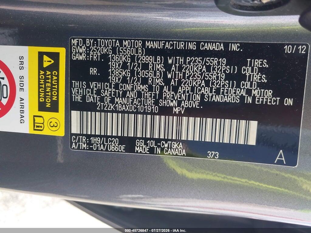2T2ZK1BAXDC101910 2013 LEXUS RX 350 photo no. 9
