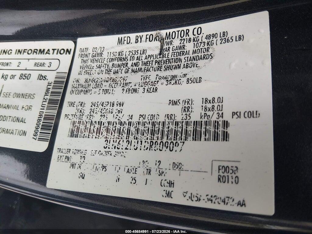 3LN6L2LU1DR809097 2013 LINCOLN MKZ HYBRID photo no. 9