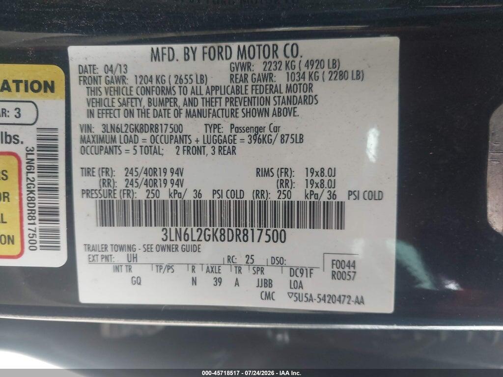 3LN6L2GK8DR817500 2013 LINCOLN MKZ photo no. 9