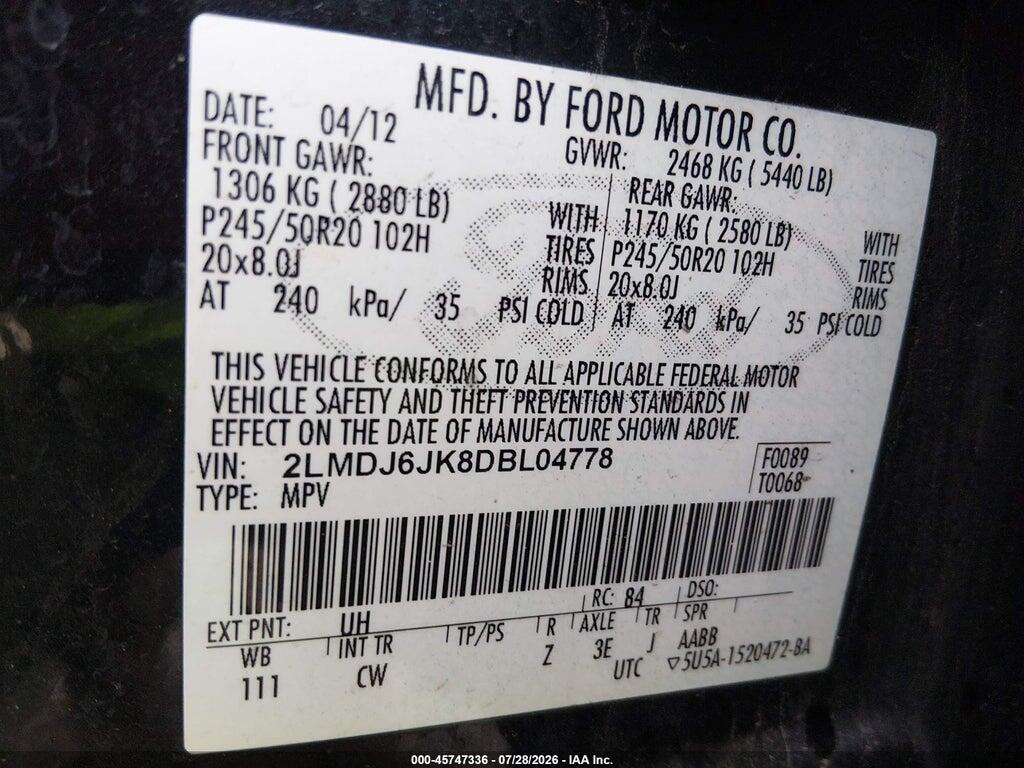 2LMDJ6JK8DBL04778 2013 LINCOLN MKX photo no. 9