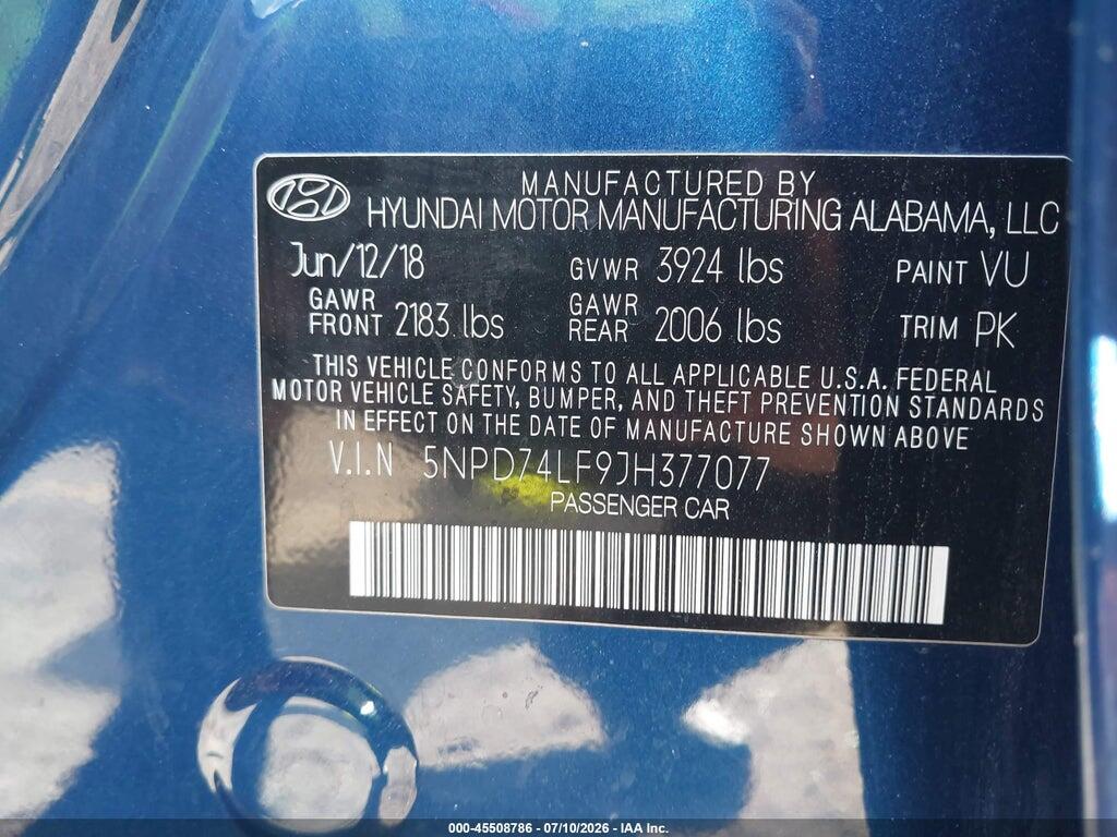 5NPD74LF9JH377077 2018 HYUNDAI ELANTRA photo no. 9