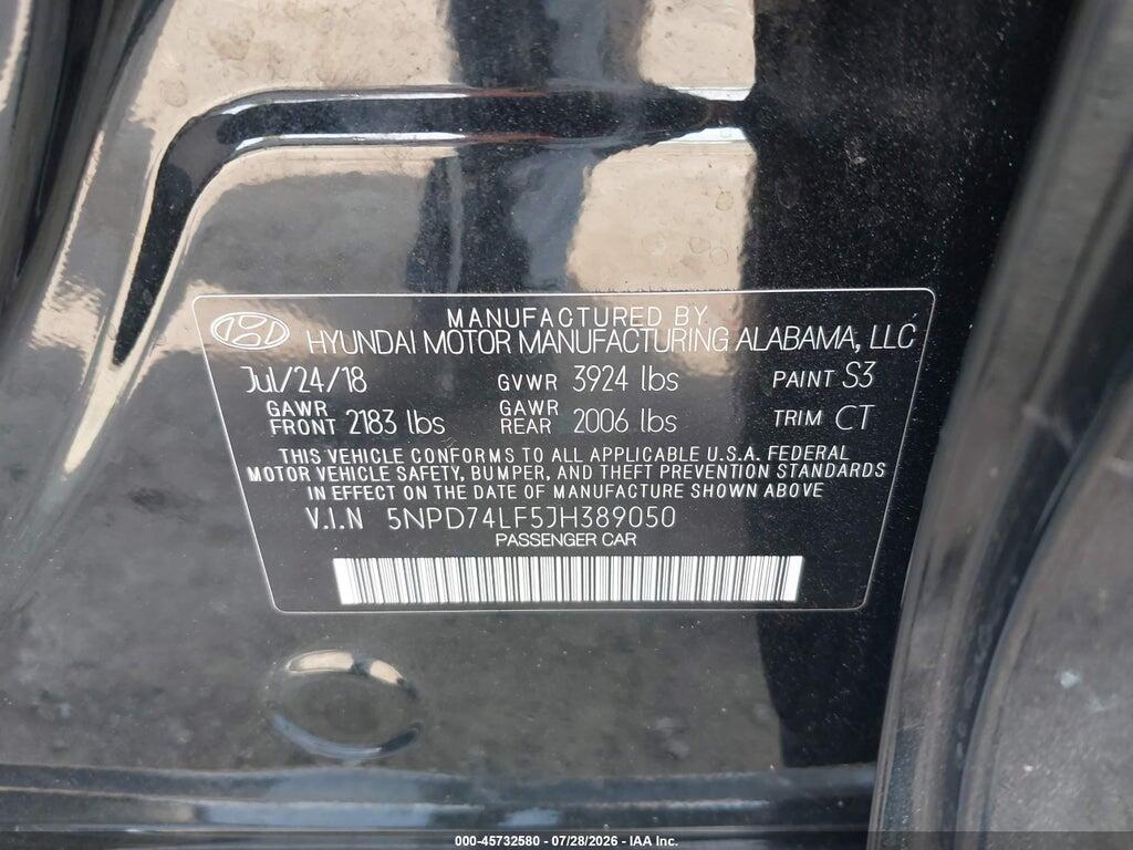 5NPD74LF5JH389050 2018 HYUNDAI ELANTRA photo no. 9