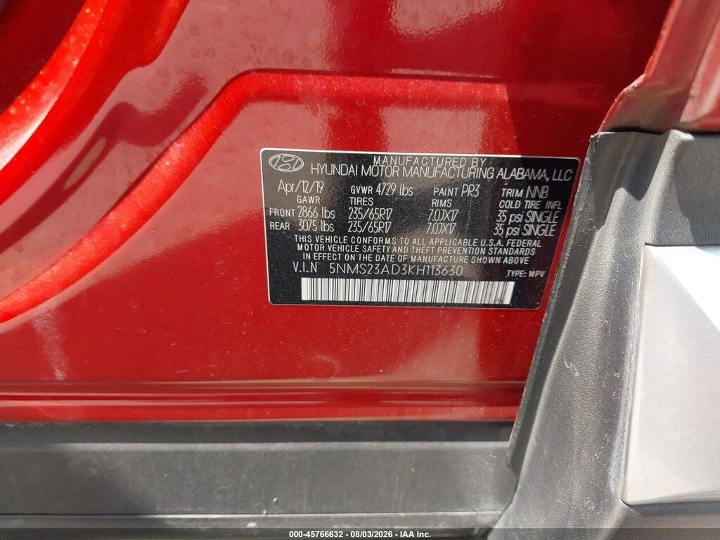 5NMS23AD3KH113630 2019 HYUNDAI SANTA FE photo no. 9