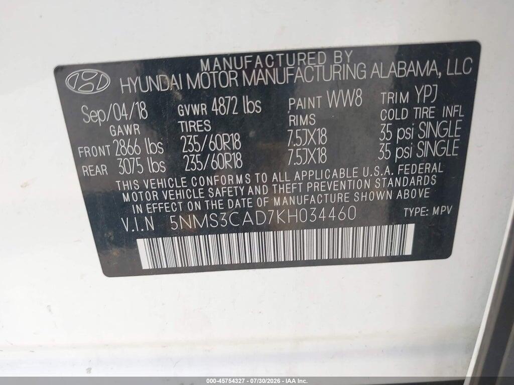 5NMS3CAD7KH034460 2019 HYUNDAI SANTA FE photo no. 9
