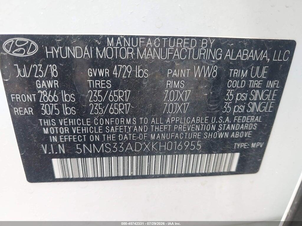 5NMS33ADXKH016955 2019 HYUNDAI SANTA FE photo no. 9