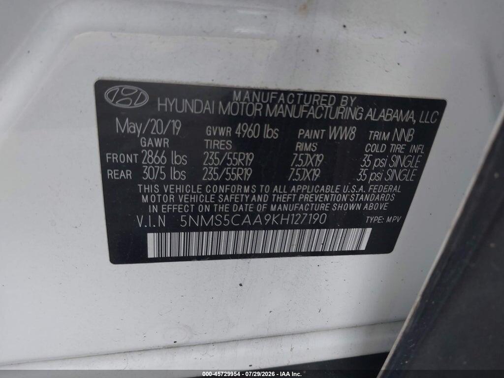 5NMS5CAA9KH127190 2019 HYUNDAI SANTA FE photo no. 9