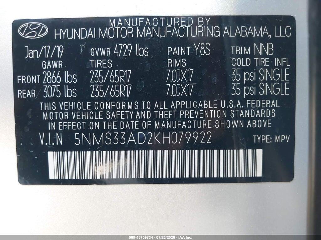 5NMS33AD2KH079922 2019 HYUNDAI SANTA FE photo no. 9