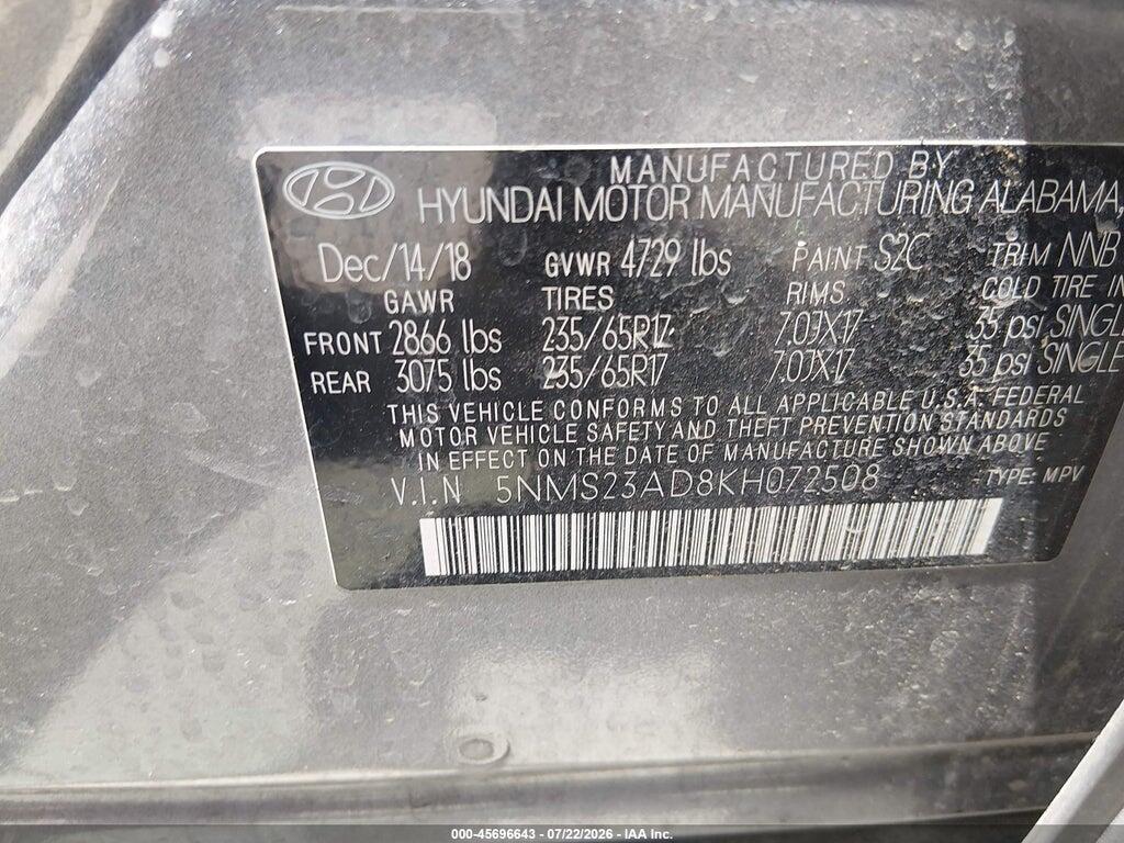 5NMS23AD8KH072508 2019 HYUNDAI SANTA FE photo no. 9