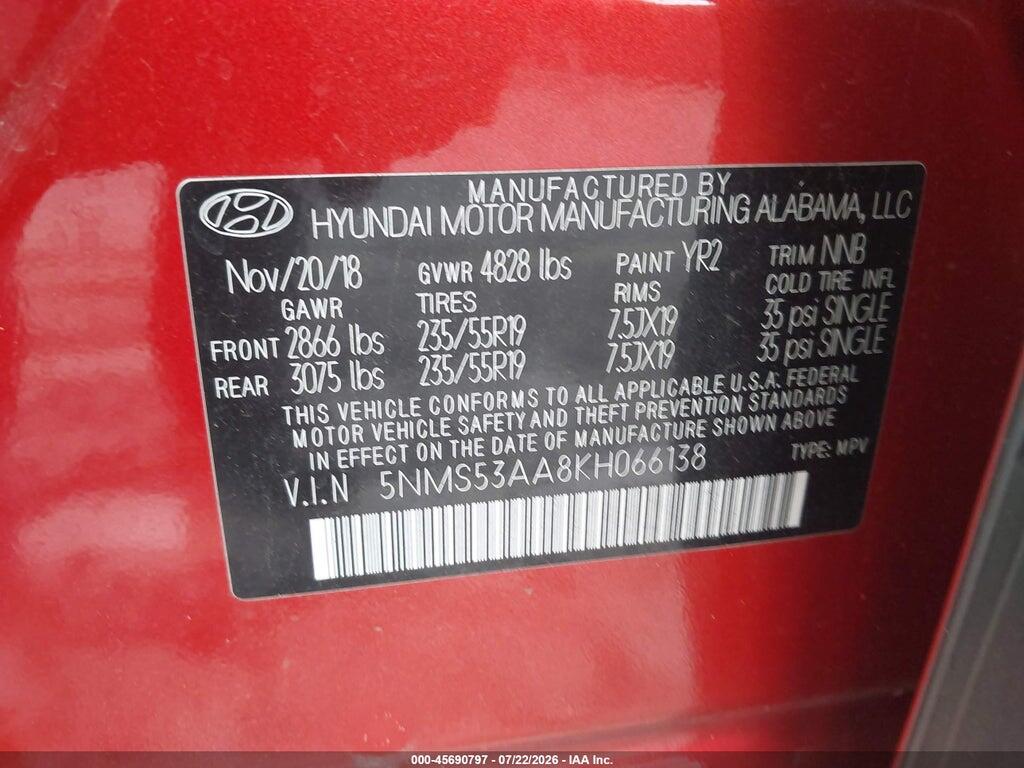 5NMS53AA8KH066138 2019 HYUNDAI SANTA FE photo no. 9