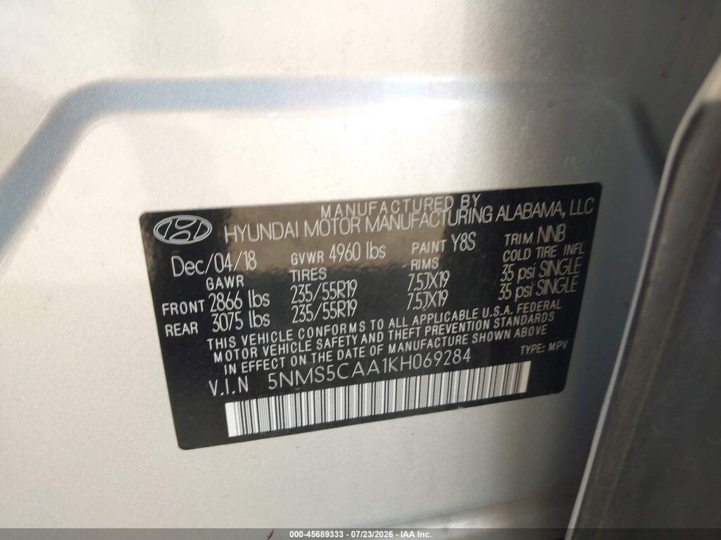 5NMS5CAA1KH069284 2019 HYUNDAI SANTA FE photo no. 9