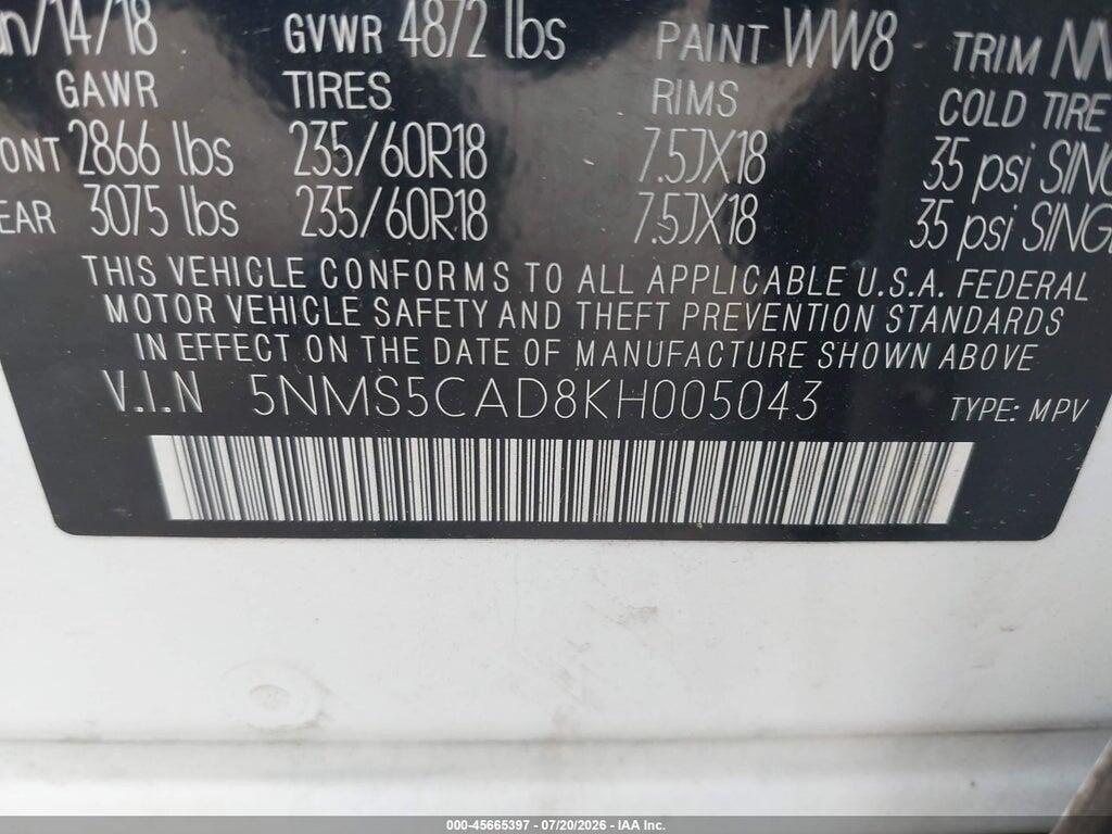 5NMS5CAD8KH005043 2019 HYUNDAI SANTA FE photo no. 9