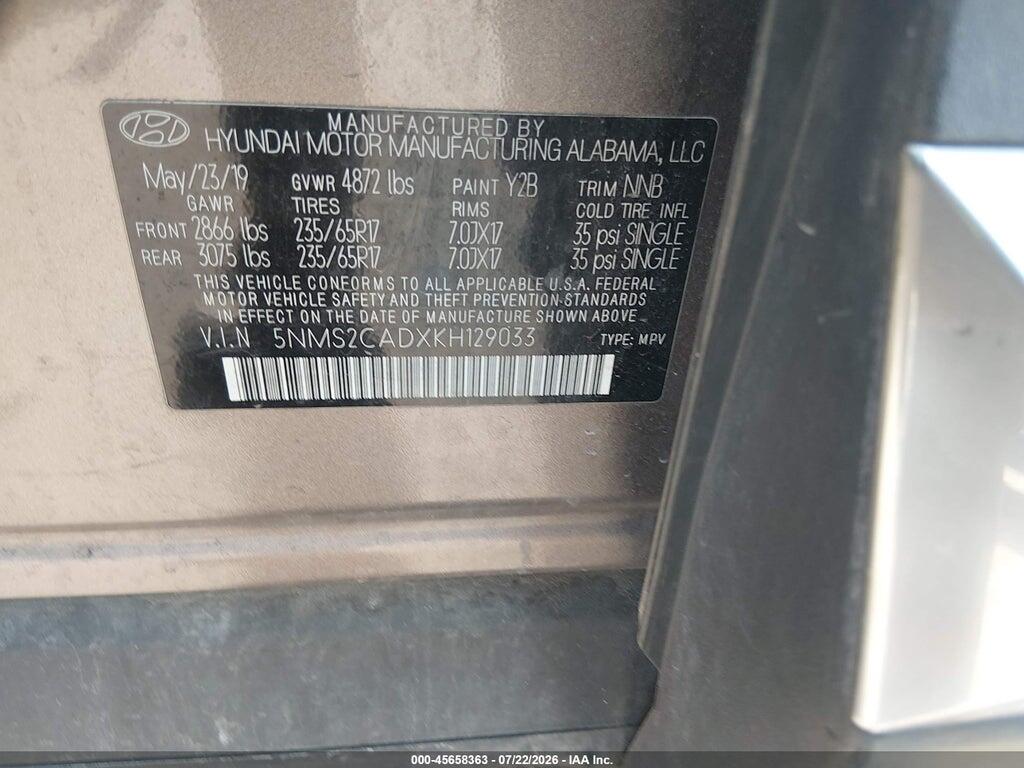 5NMS2CADXKH129033 2019 HYUNDAI SANTA FE photo no. 8