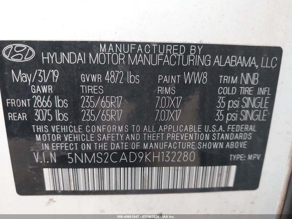 5NMS2CAD9KH132280 2019 HYUNDAI SANTA FE photo no. 9