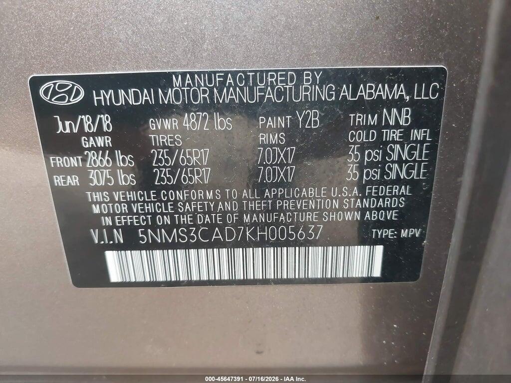 5NMS3CAD7KH005637 2019 HYUNDAI SANTA FE photo no. 9
