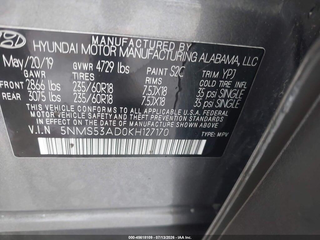 5NMS53AD0KH127170 2019 HYUNDAI SANTA FE photo no. 9