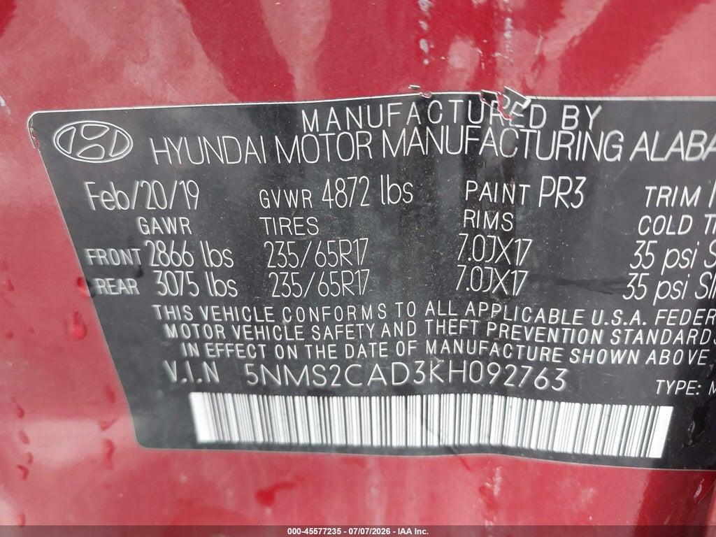 5NMS2CAD3KH092763 2019 HYUNDAI SANTA FE photo no. 9