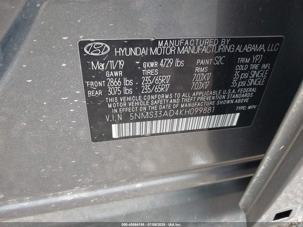 5NMS33AD4KH099881 2019 HYUNDAI SANTA FE photo no. 9