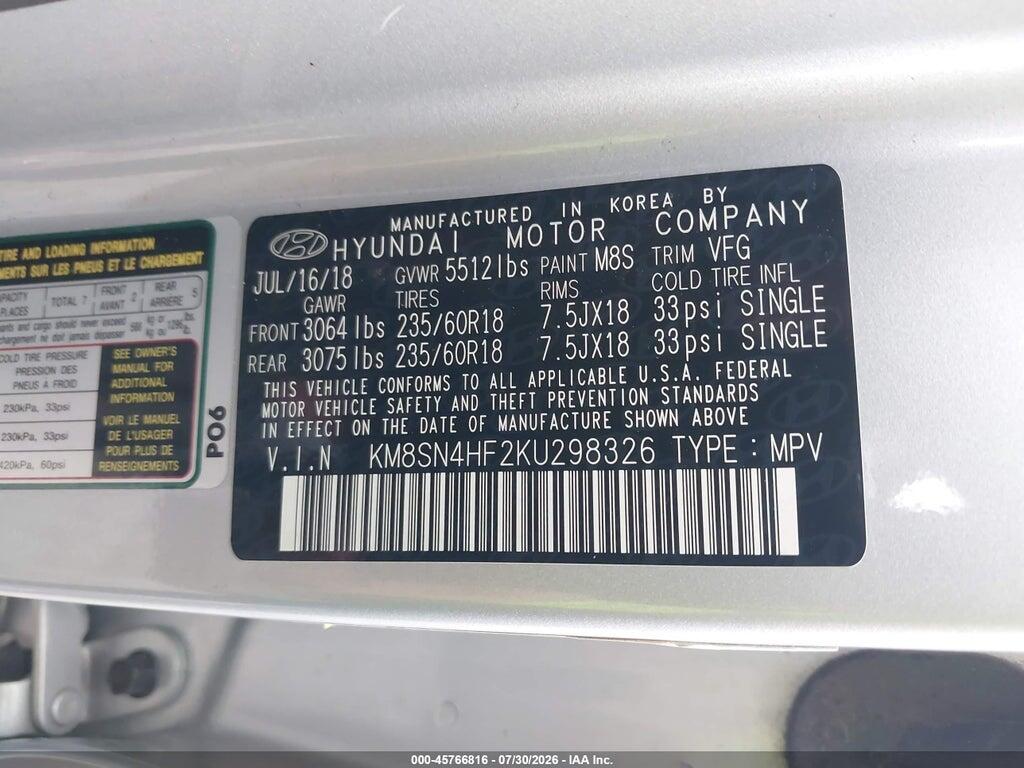 KM8SN4HF2KU298326 2019 HYUNDAI SANTA FE XL photo no. 9