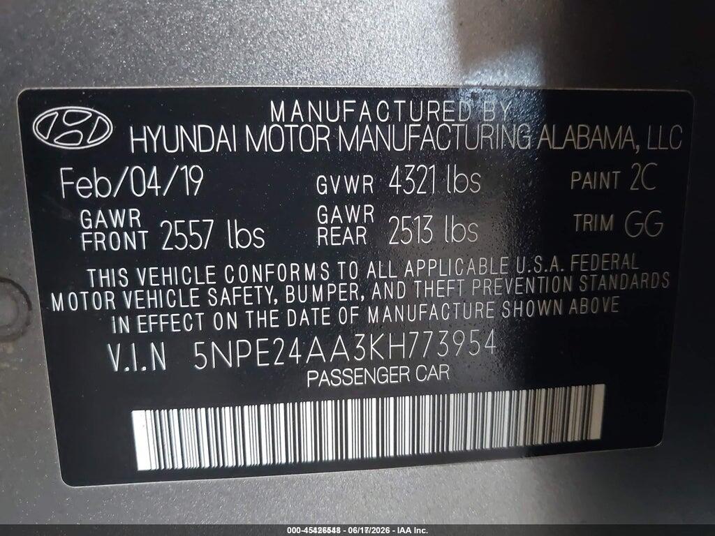 5NPE24AA3KH773954 2019 HYUNDAI SONATA photo no. 9
