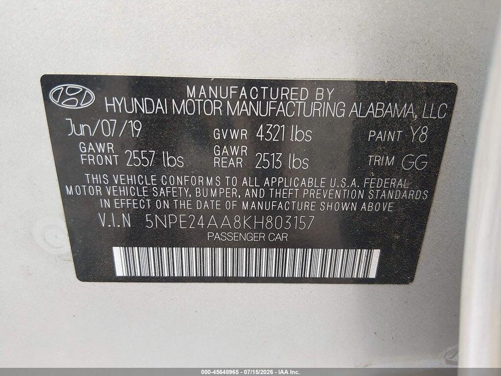 5NPE24AA8KH803157 2019 HYUNDAI SONATA photo no. 9