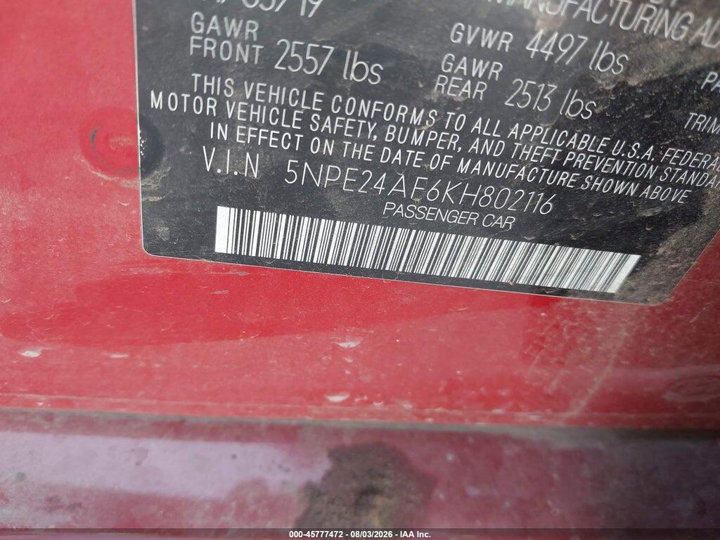 5NPE24AF6KH802116 2019 HYUNDAI SONATA photo no. 9