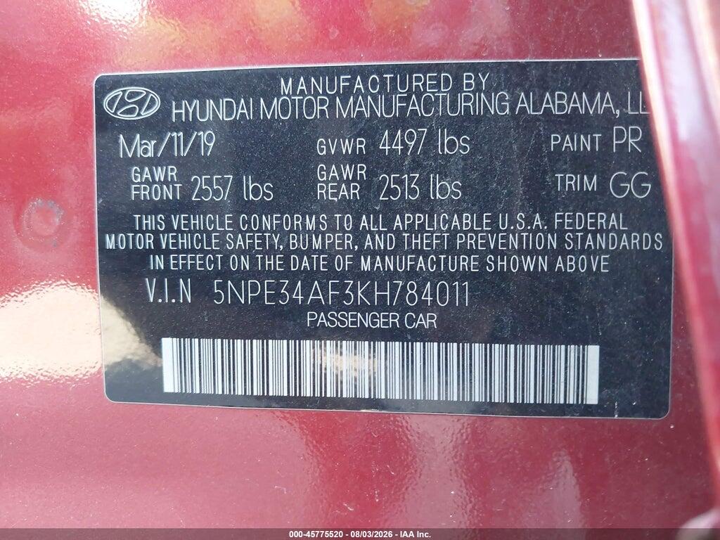 5NPE34AF3KH784011 2019 HYUNDAI SONATA photo no. 9