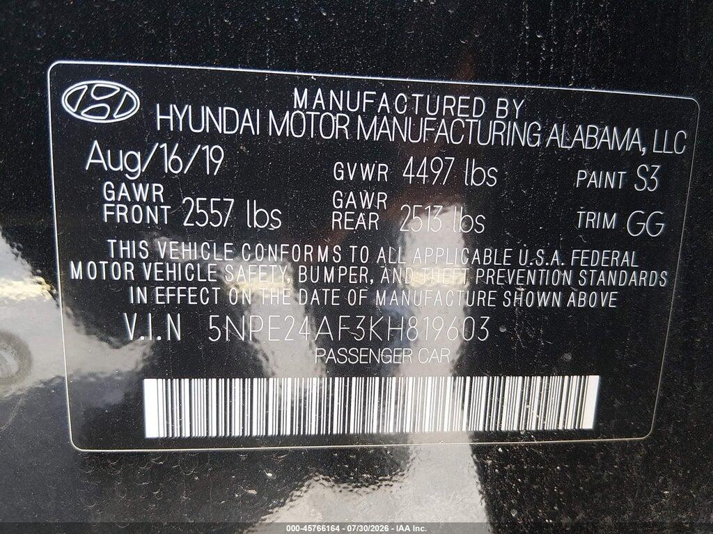 5NPE24AF3KH819603 2019 HYUNDAI SONATA photo no. 9