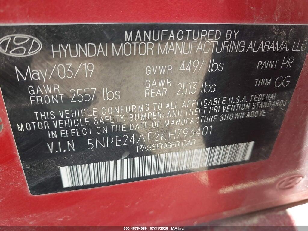 5NPE24AF2KH793401 2019 HYUNDAI SONATA photo no. 9