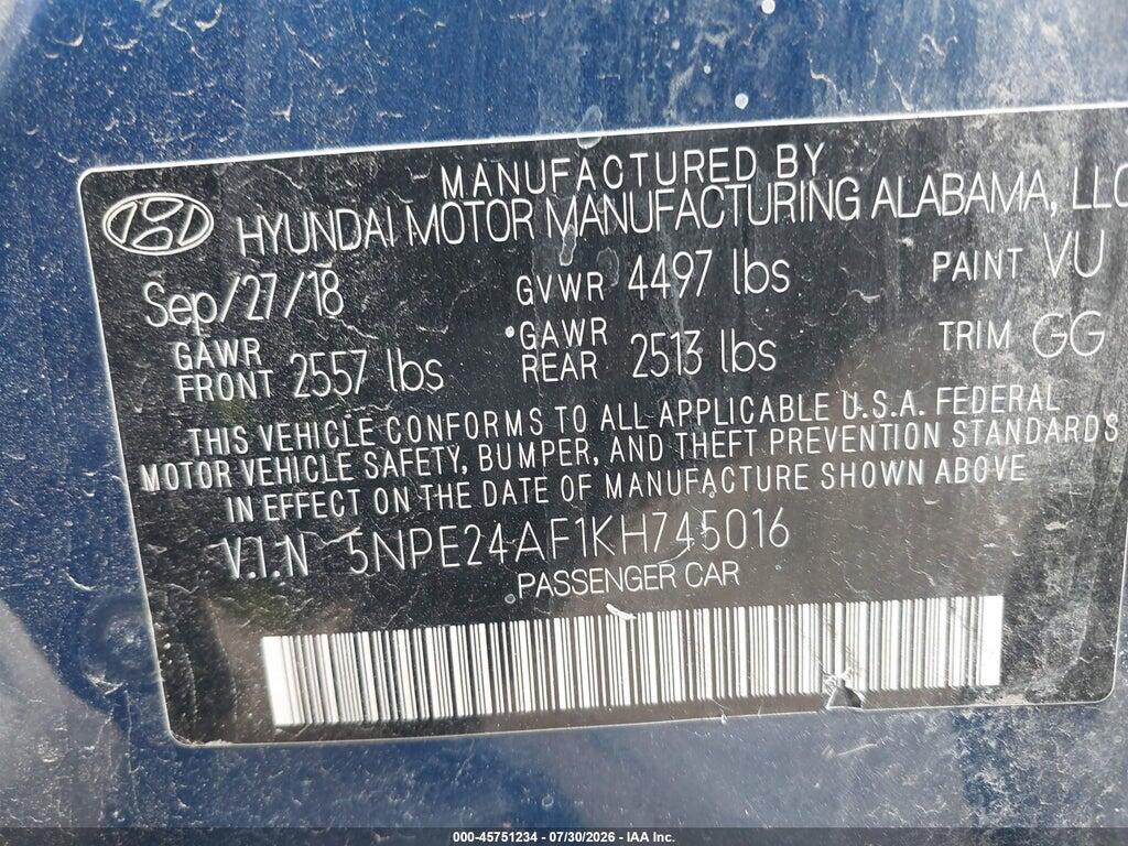 5NPE24AF1KH745016 2019 HYUNDAI SONATA photo no. 9