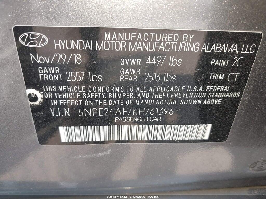 5NPE24AF7KH761396 2019 HYUNDAI SONATA photo no. 9