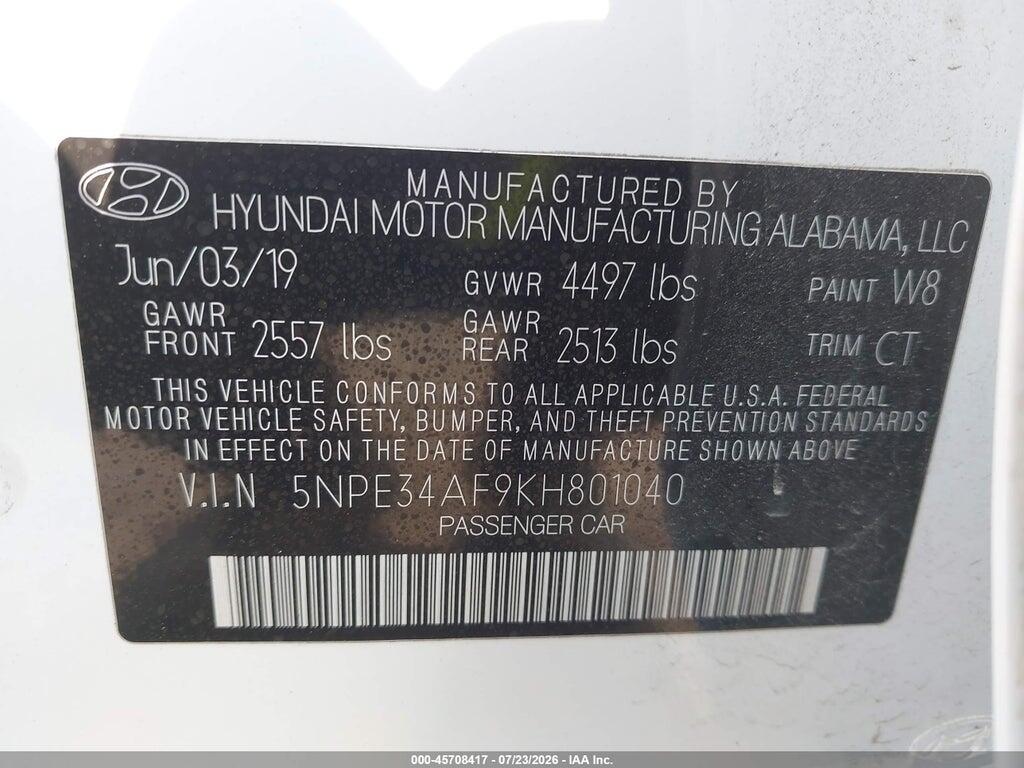 5NPE34AF9KH801040 2019 HYUNDAI SONATA photo no. 9