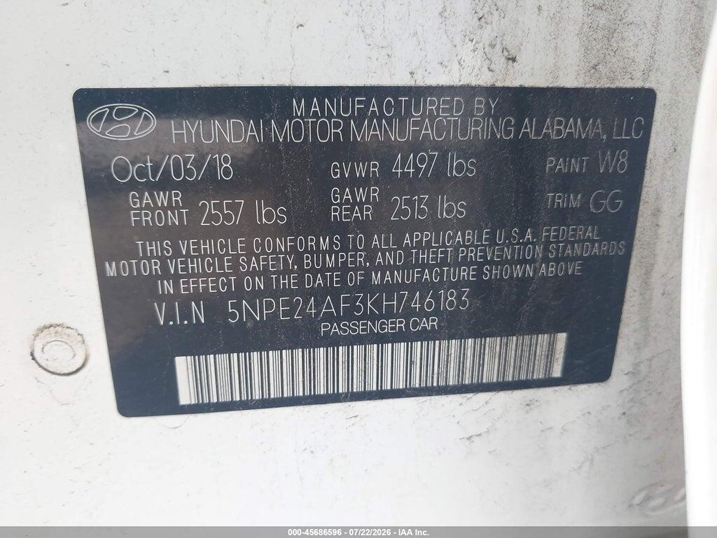 5NPE24AF3KH746183 2019 HYUNDAI SONATA photo no. 9