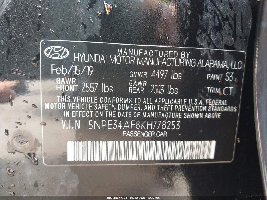 5NPE34AF8KH778253 2019 HYUNDAI SONATA photo no. 9