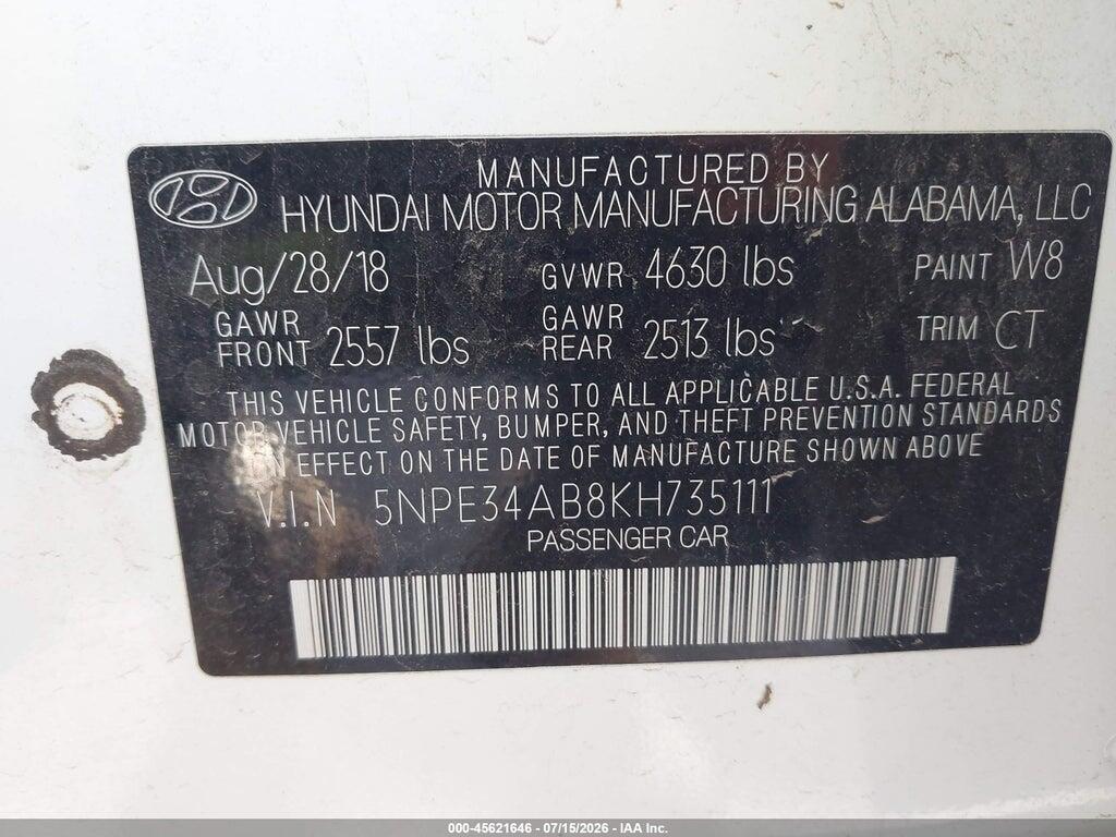 5NPE34AB8KH735111 2019 HYUNDAI SONATA photo no. 9