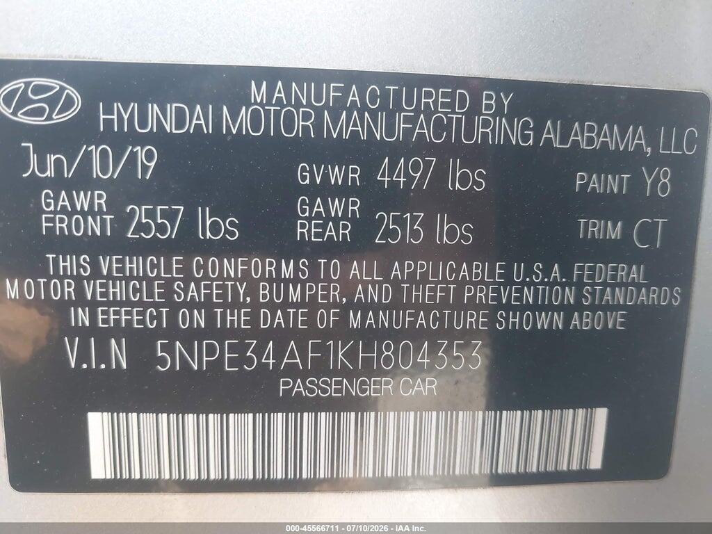 5NPE34AF1KH804353 2019 HYUNDAI SONATA photo no. 9
