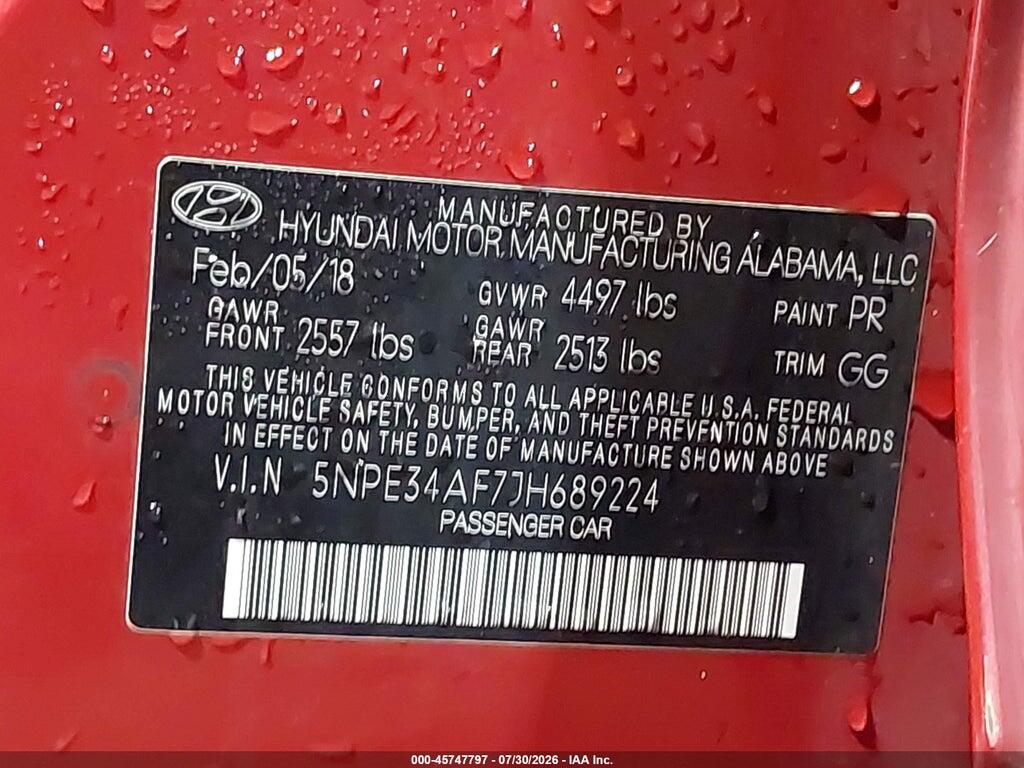 5NPE34AF7JH689224 2018 HYUNDAI SONATA photo no. 9
