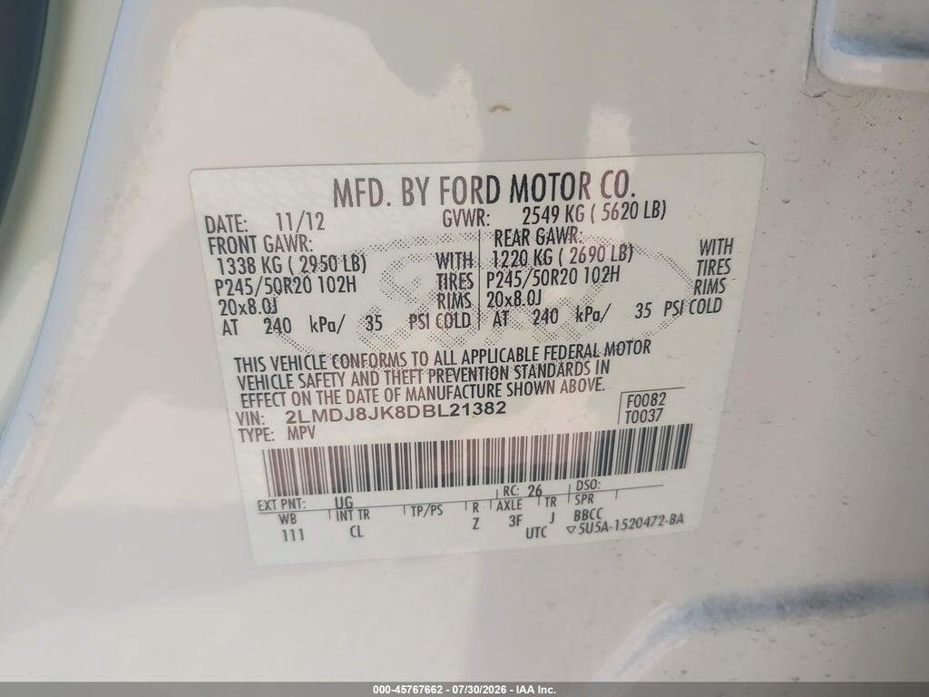2LMDJ8JK8DBL21382 2013 LINCOLN MKX photo no. 9