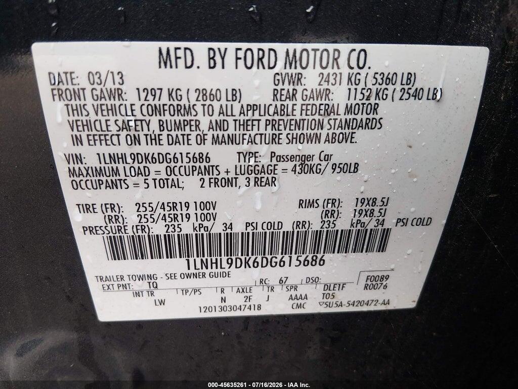 1LNHL9DK6DG615686 2013 LINCOLN MKS photo no. 9