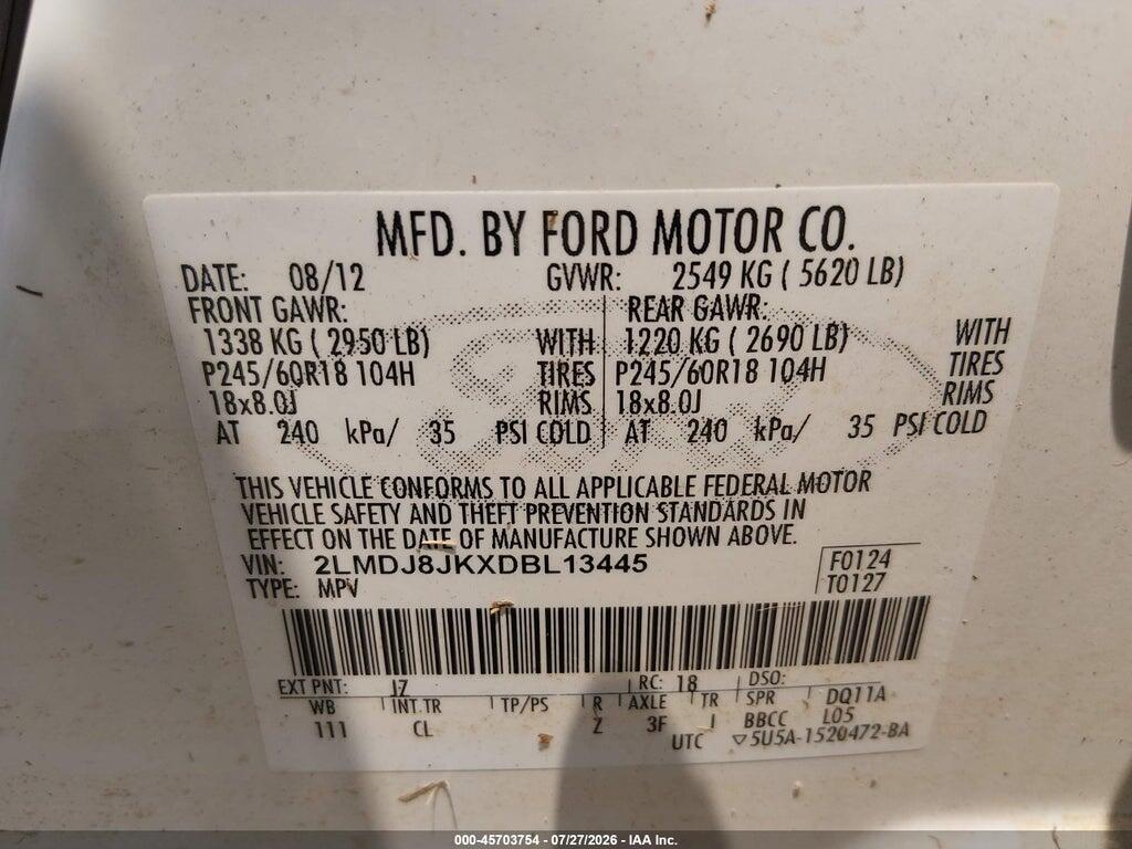 2LMDJ8JKXDBL13445 2013 LINCOLN MKX photo no. 9