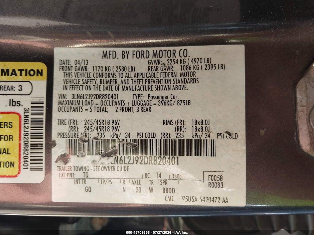 3LN6L2J92DR820401 2013 LINCOLN MKZ photo no. 9